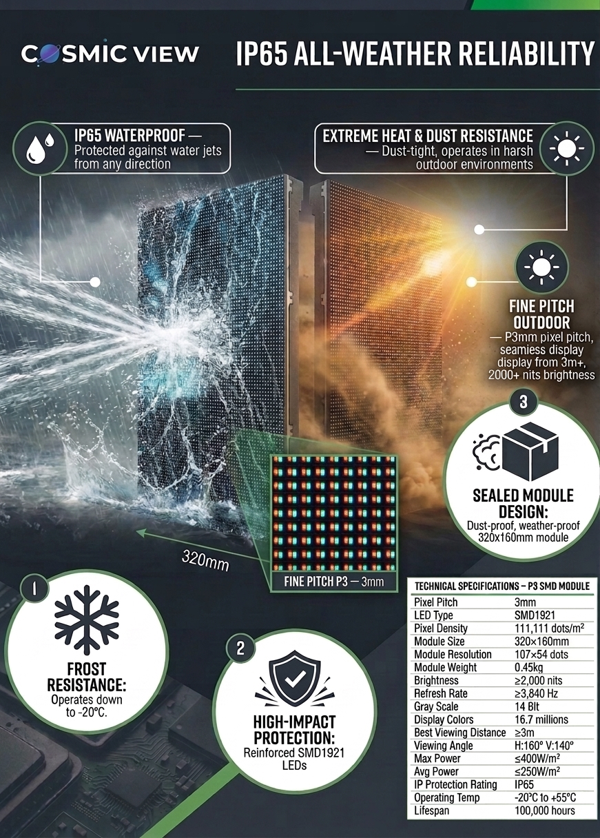 Cosmic View P3 SMD module — IP65 all-weather reliability infographic with waterproof, dust, heat, frost and impact protection