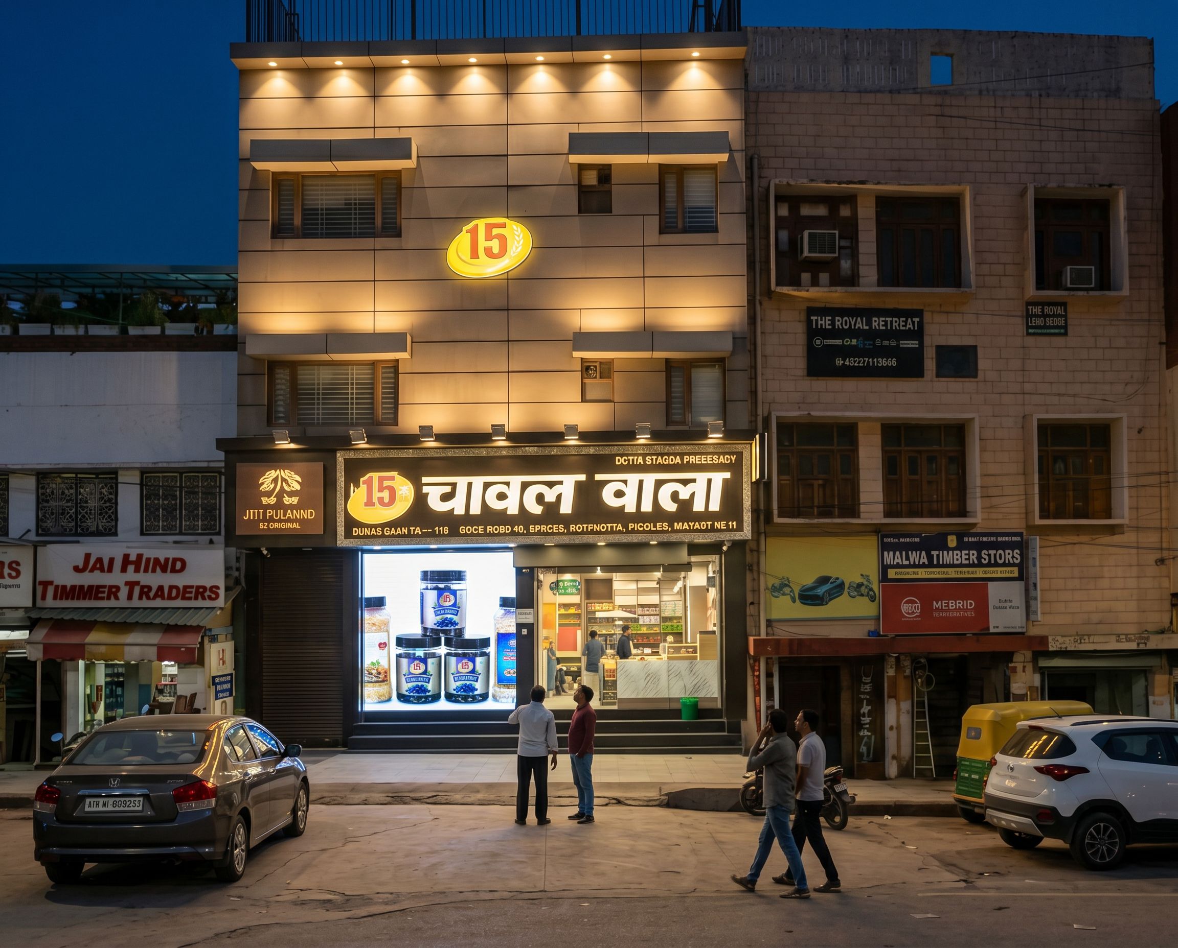 15 No Chawal Wala storefront on GT Road at night with a live LED video wall screen in the shopfront showing products
