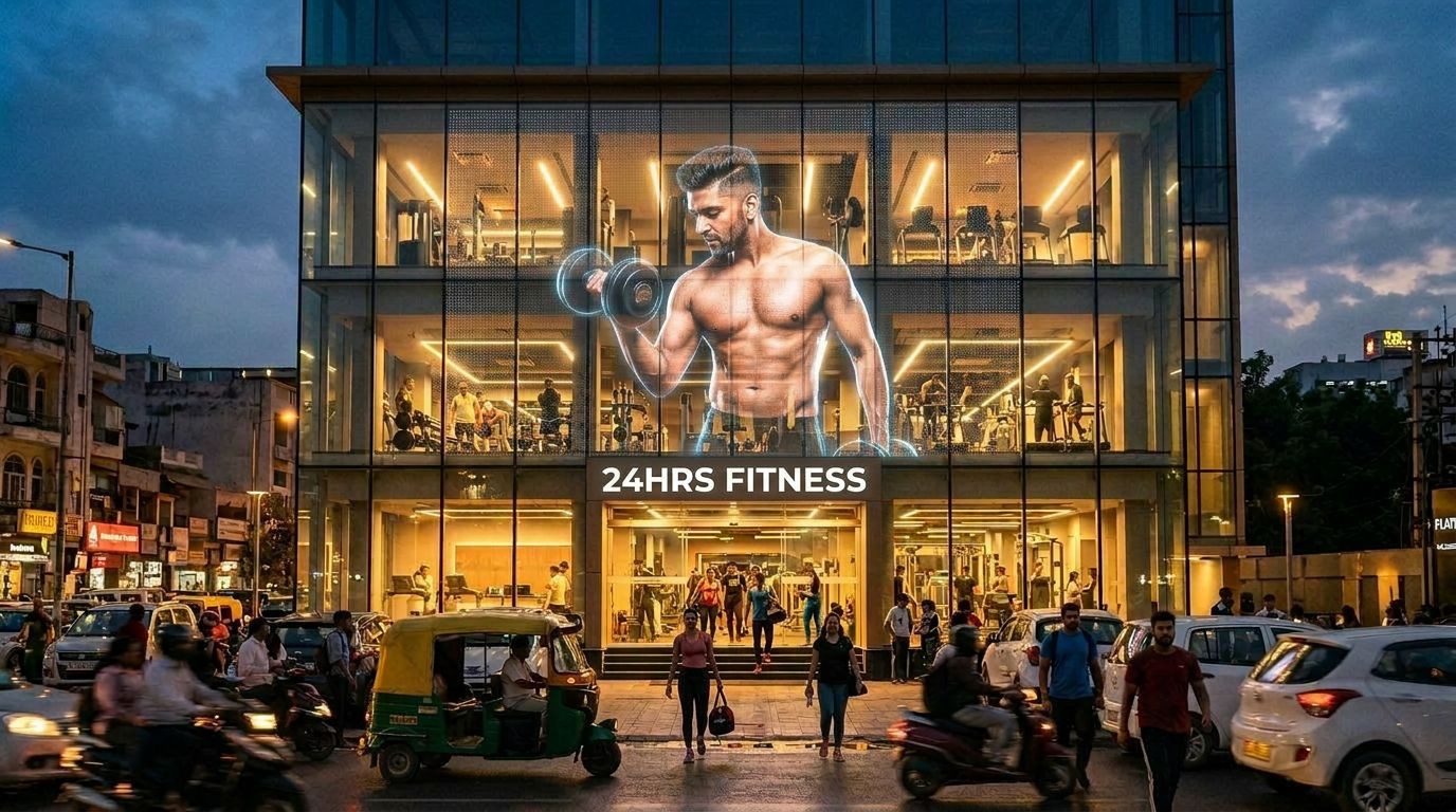 Holographic transparent LED facade on a premium gym — live athlete video turning passers-by into walk-ins