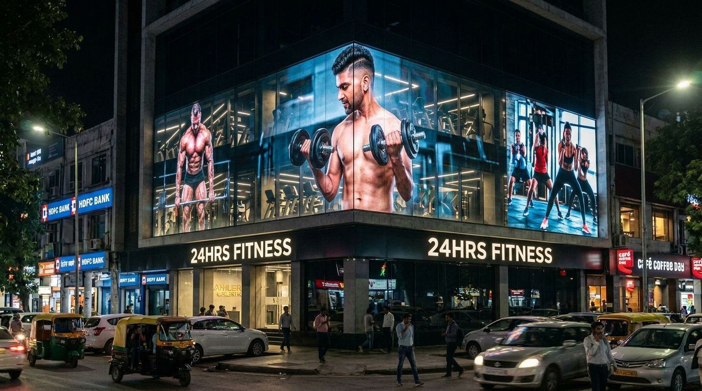 L-shaped holographic facade wrapping the gym building corner at night