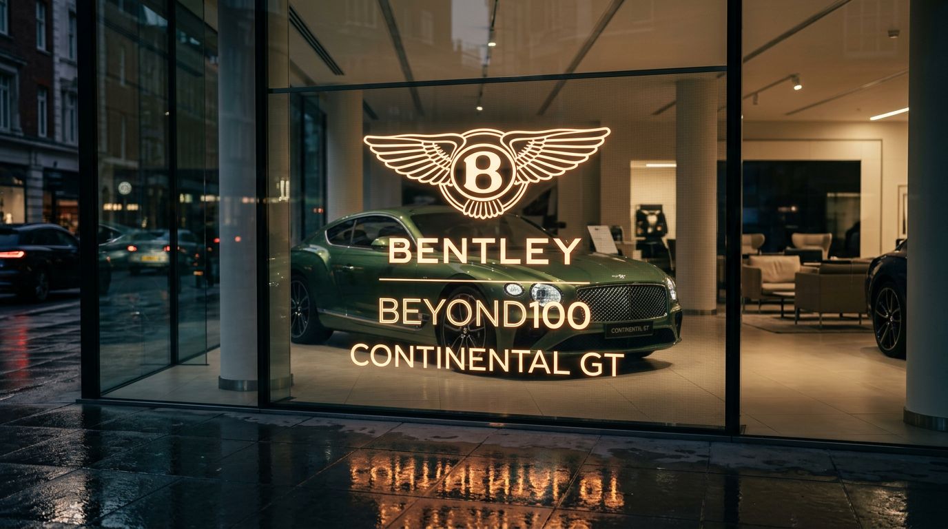 Transparent OLED detail on the Bentley showroom glass with a Continental GT visible through it
