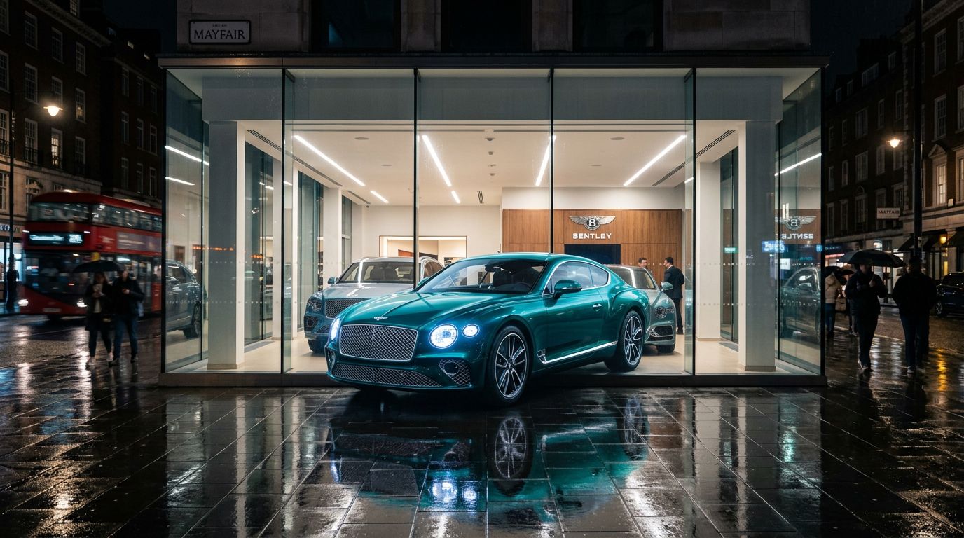 Holographic transparent LED showing a vivid naked-eye 3D Bentley bursting out of the showroom facade