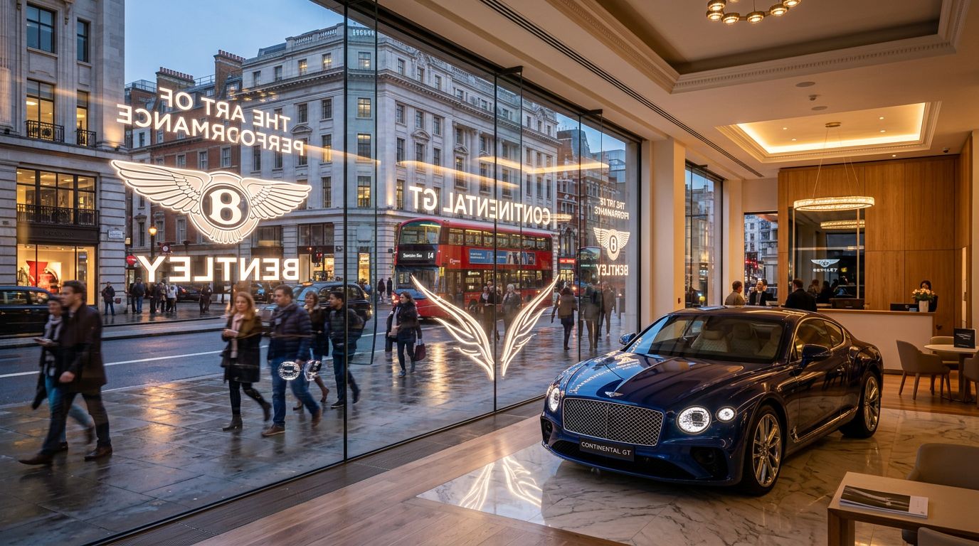 View from inside the Bentley showroom through the transparent display glass