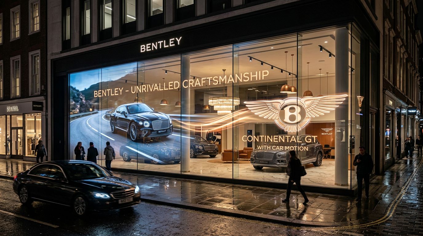 Bentley storefront transparent OLED at night