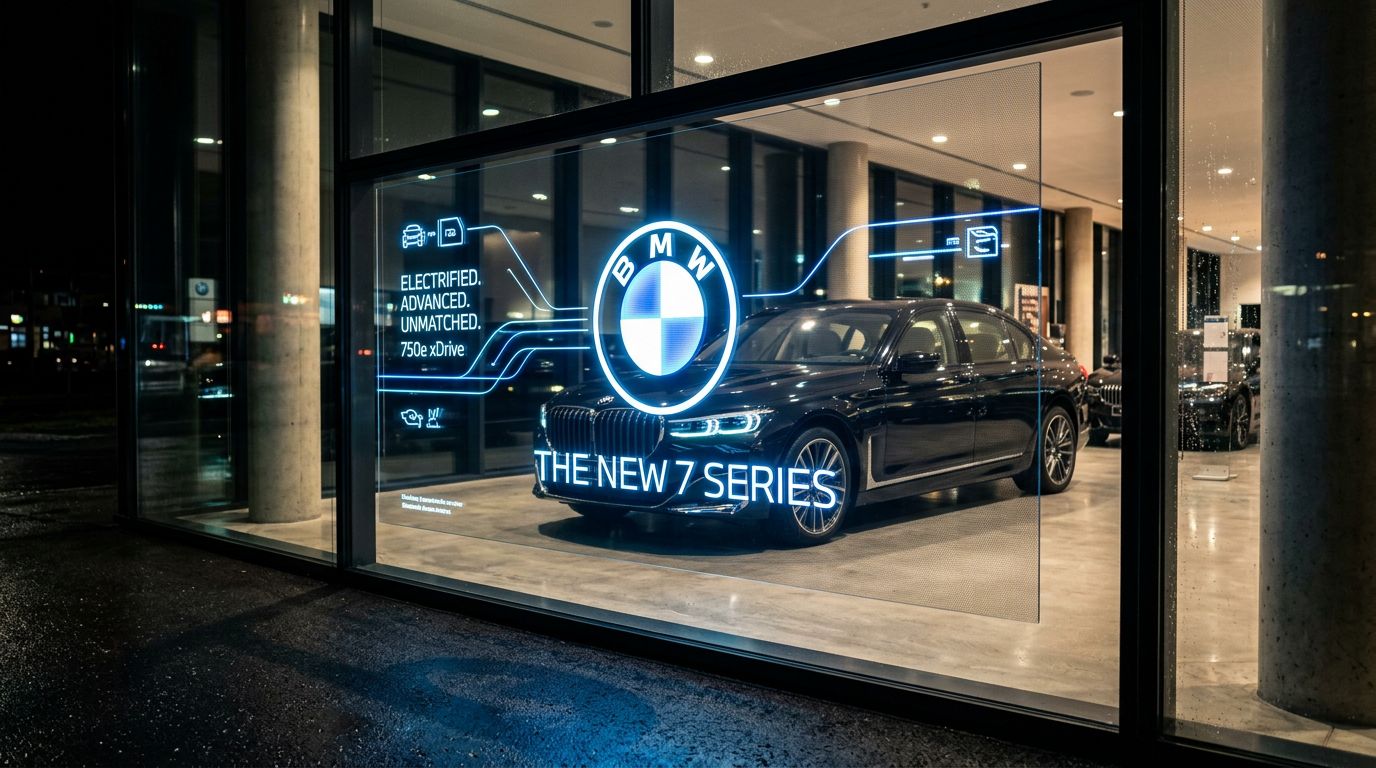 Transparent OLED detail on the BMW showroom glass with a 7 Series visible through it