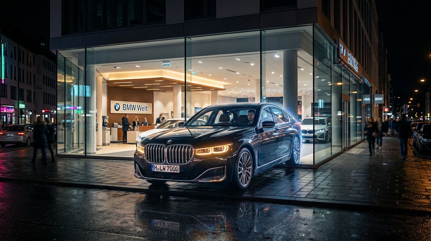 Holographic transparent LED showing a vivid naked-eye 3D BMW bursting out of the showroom facade