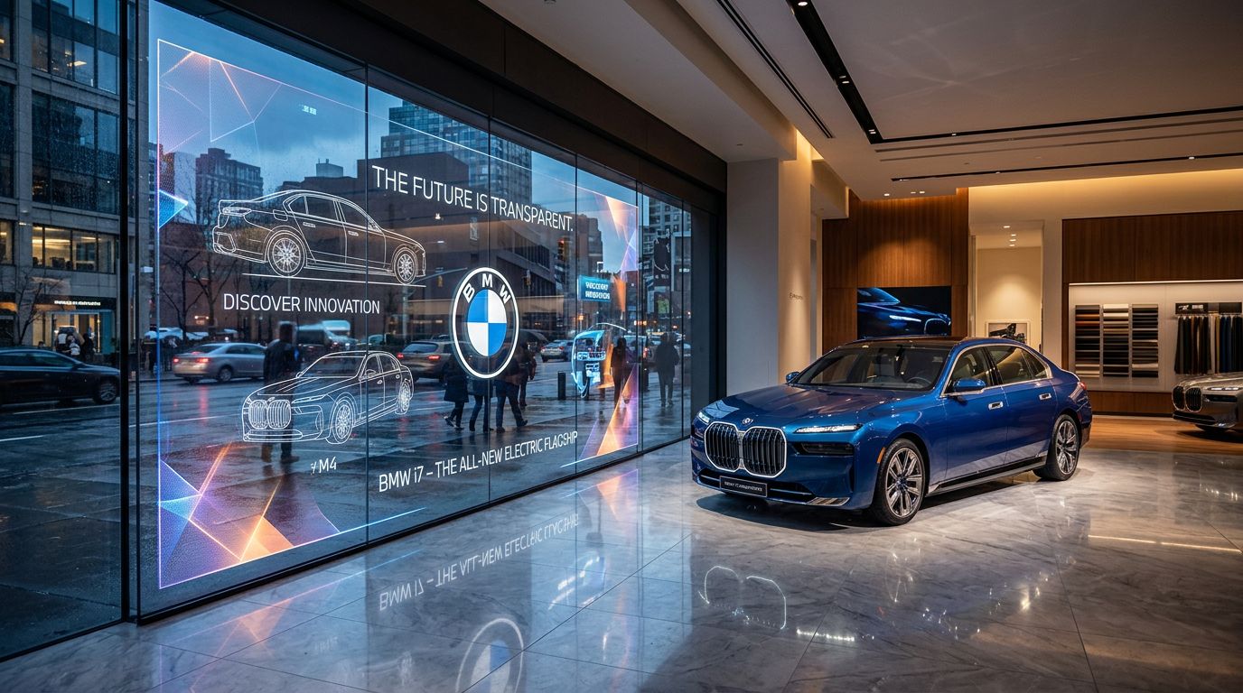 View from inside the BMW showroom through the transparent display glass