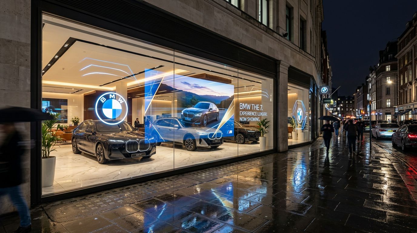 BMW storefront transparent OLED at night