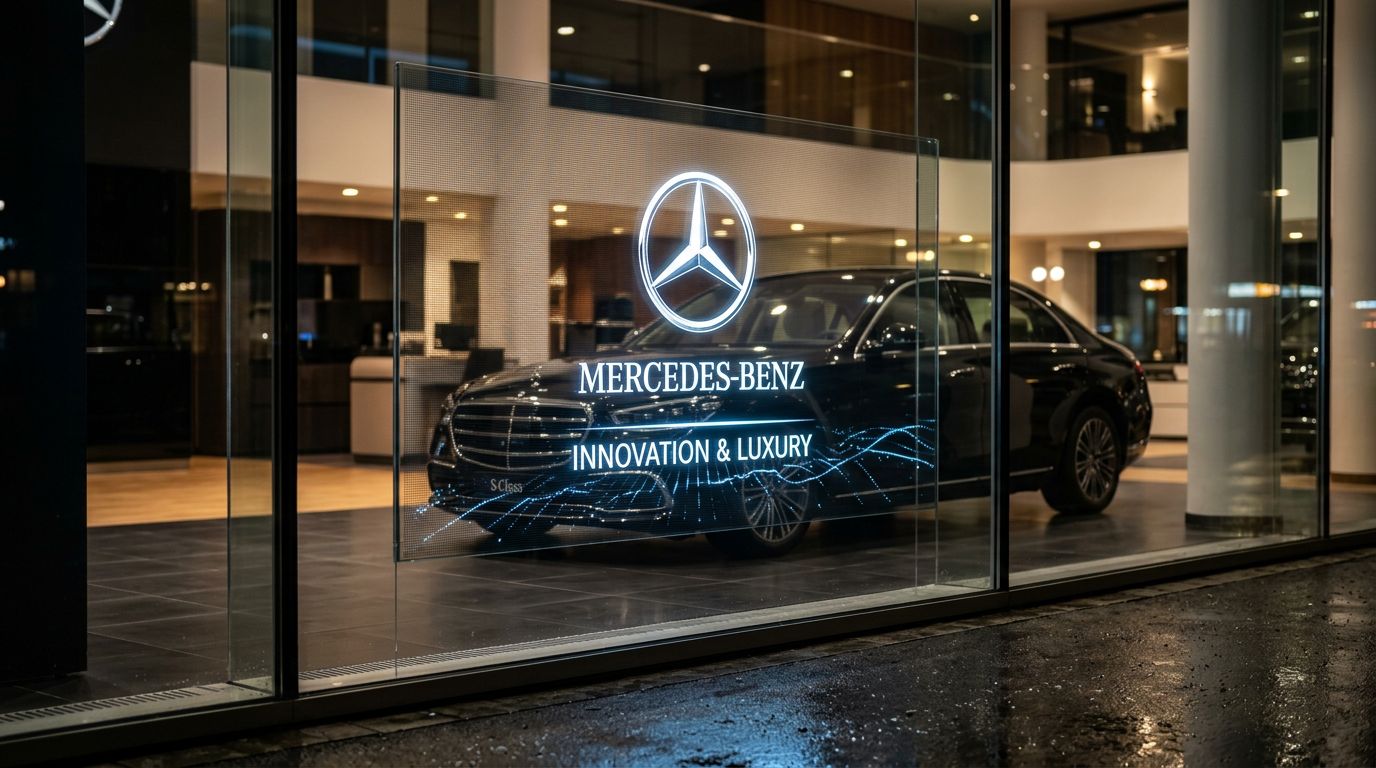 Transparent OLED detail on the Mercedes-Benz showroom glass with a S-Class visible through it