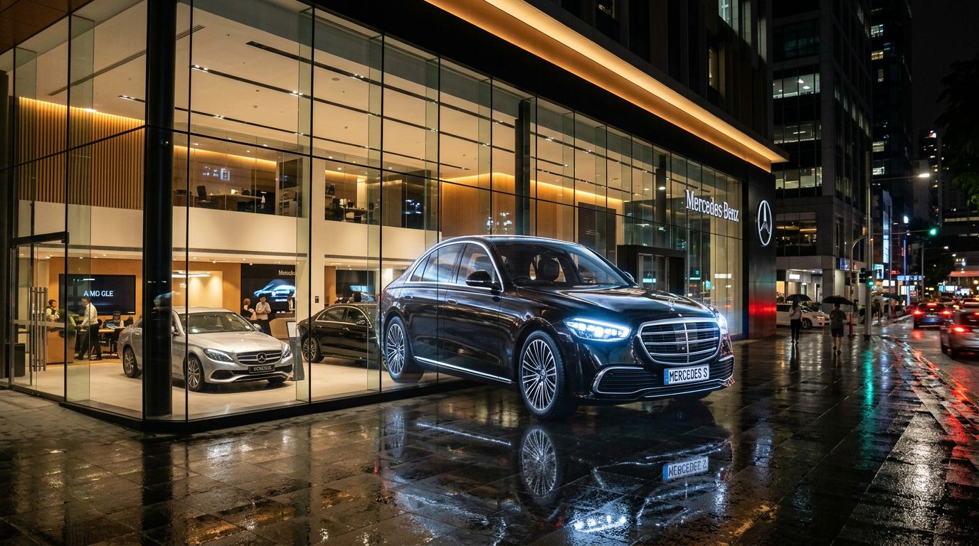 Holographic transparent LED showing a vivid naked-eye 3D Mercedes-Benz bursting out of the showroom facade