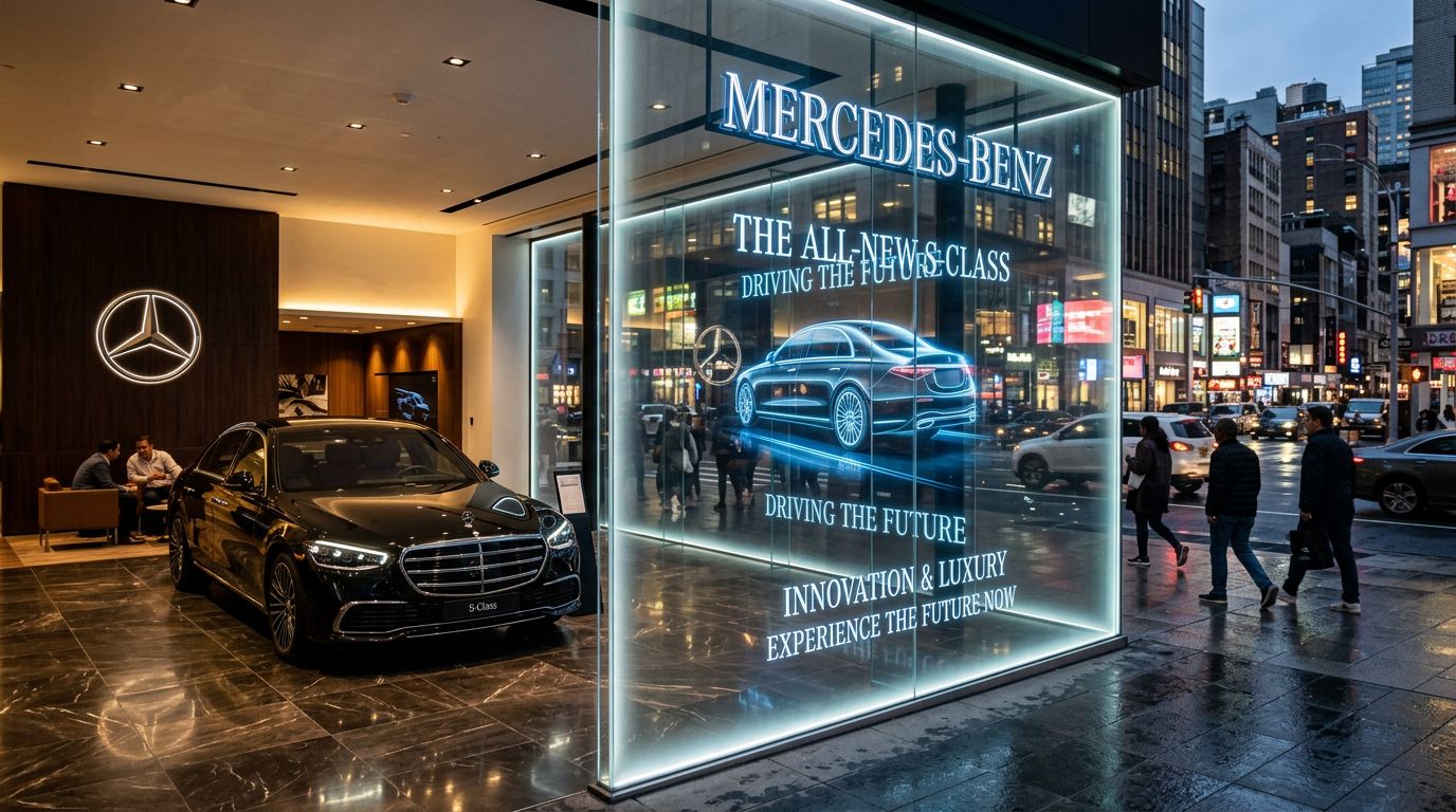 View from inside the Mercedes-Benz showroom through the transparent display glass