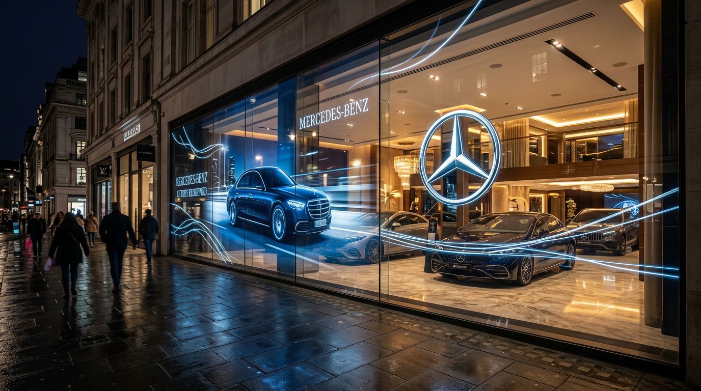 Mercedes-Benz storefront transparent OLED at night