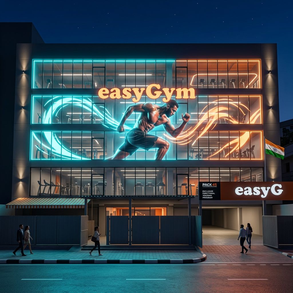 Sponsor advertisement running on the gym's holographic facade at night