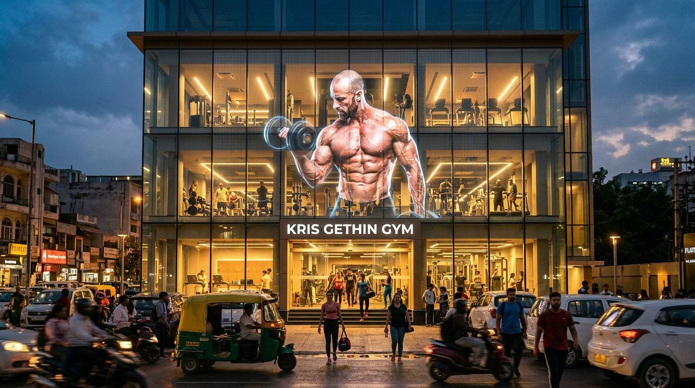 Holographic transparent LED facade on a premium gym — live athlete video turning passers-by into walk-ins
