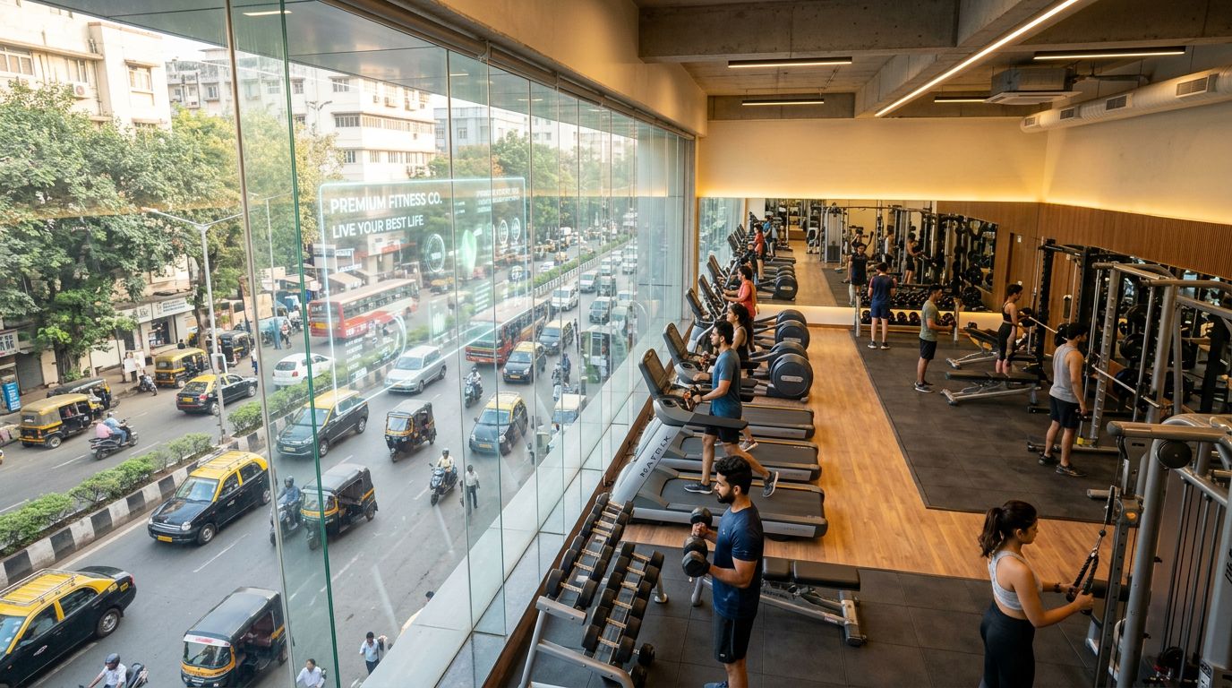 Bright open gym interior with daylight flooding through the transparent LED glass facade