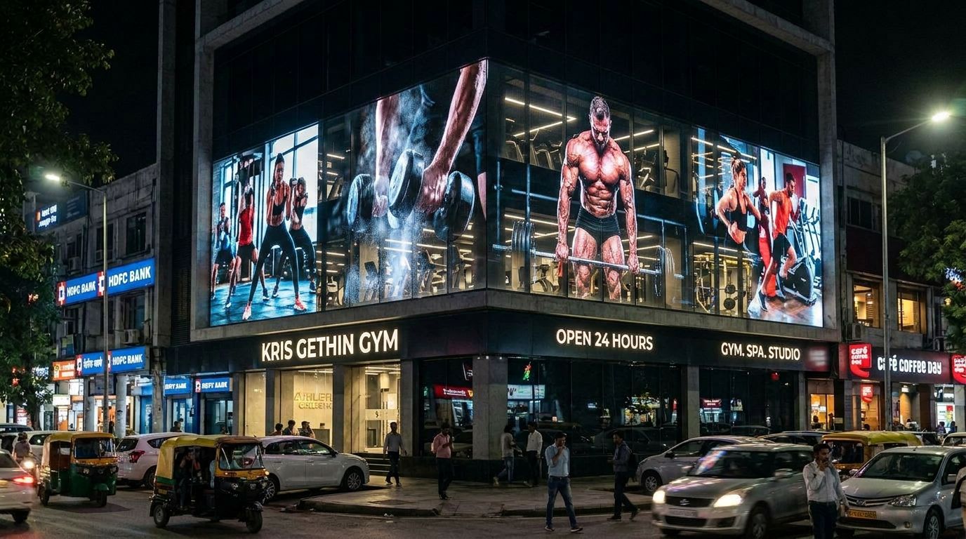 Sponsor advertisement running on the gym's holographic facade at night