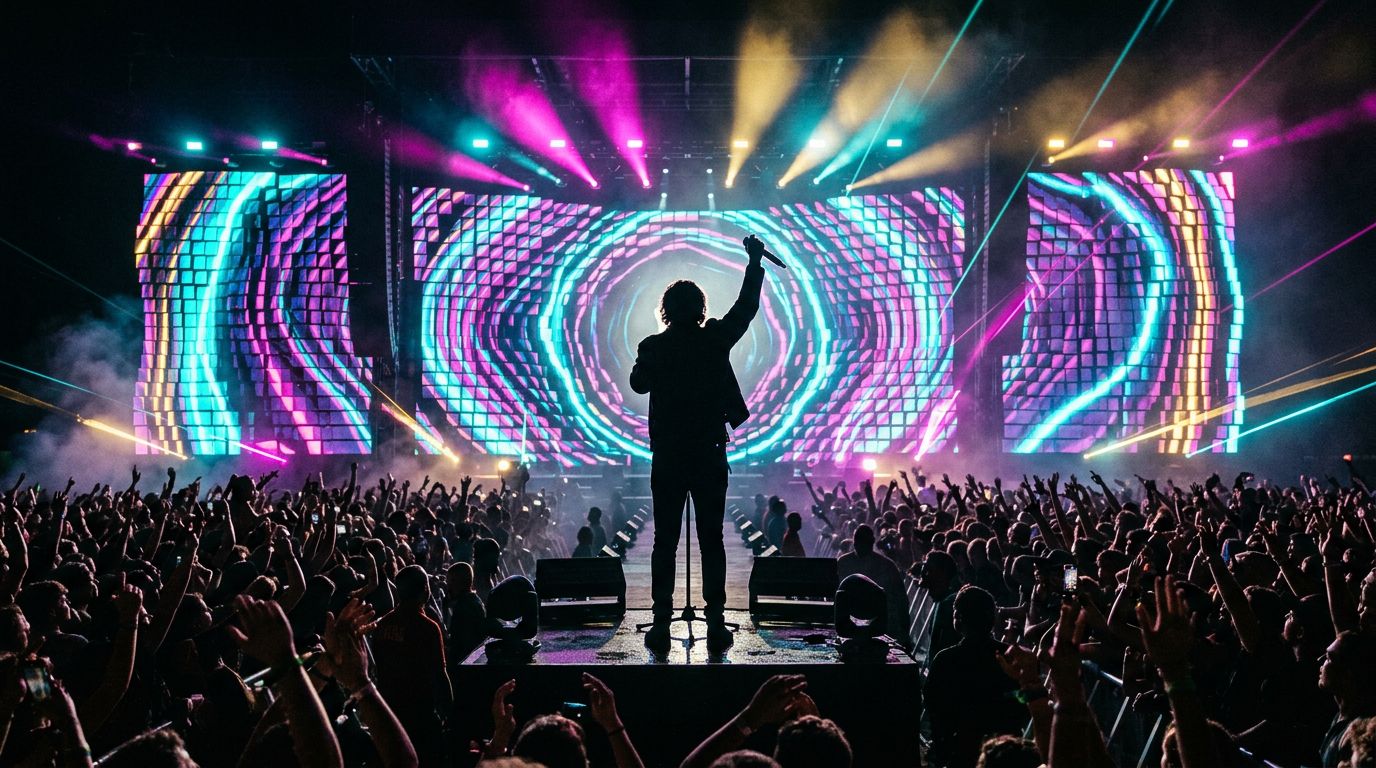 Artist silhouetted on stage with mic raised in front of a giant kinetic LED wall forming a 3D tunnel of light, crowd with hands raised