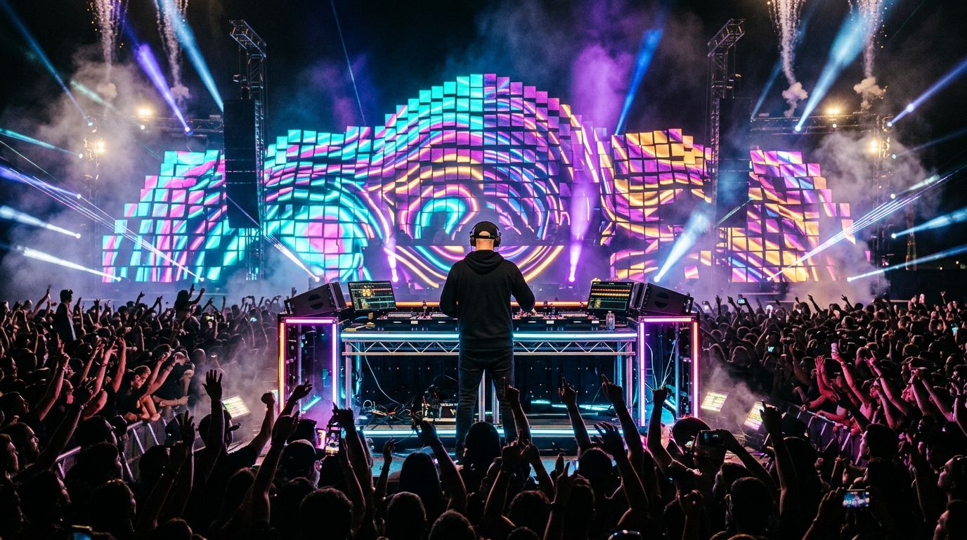 DJ at the decks in front of a vast kinetic LED wall pushed into a swirling 3D formation, pyro and crowd