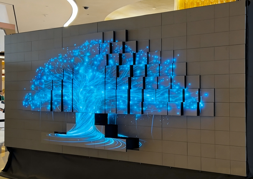 Kinetic LED screen installation — motorised display tiles protruding from the wall to form a glowing immersive tree of light at an event venue