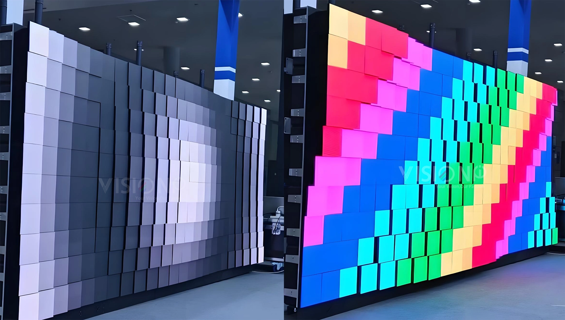 Kinetic LED wall shown powered off as flat grey tiles, then powered on with tiles pushed to different depths forming a 3D colour wave