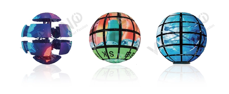 Spherical kinetic LED display that opens into segments and reforms