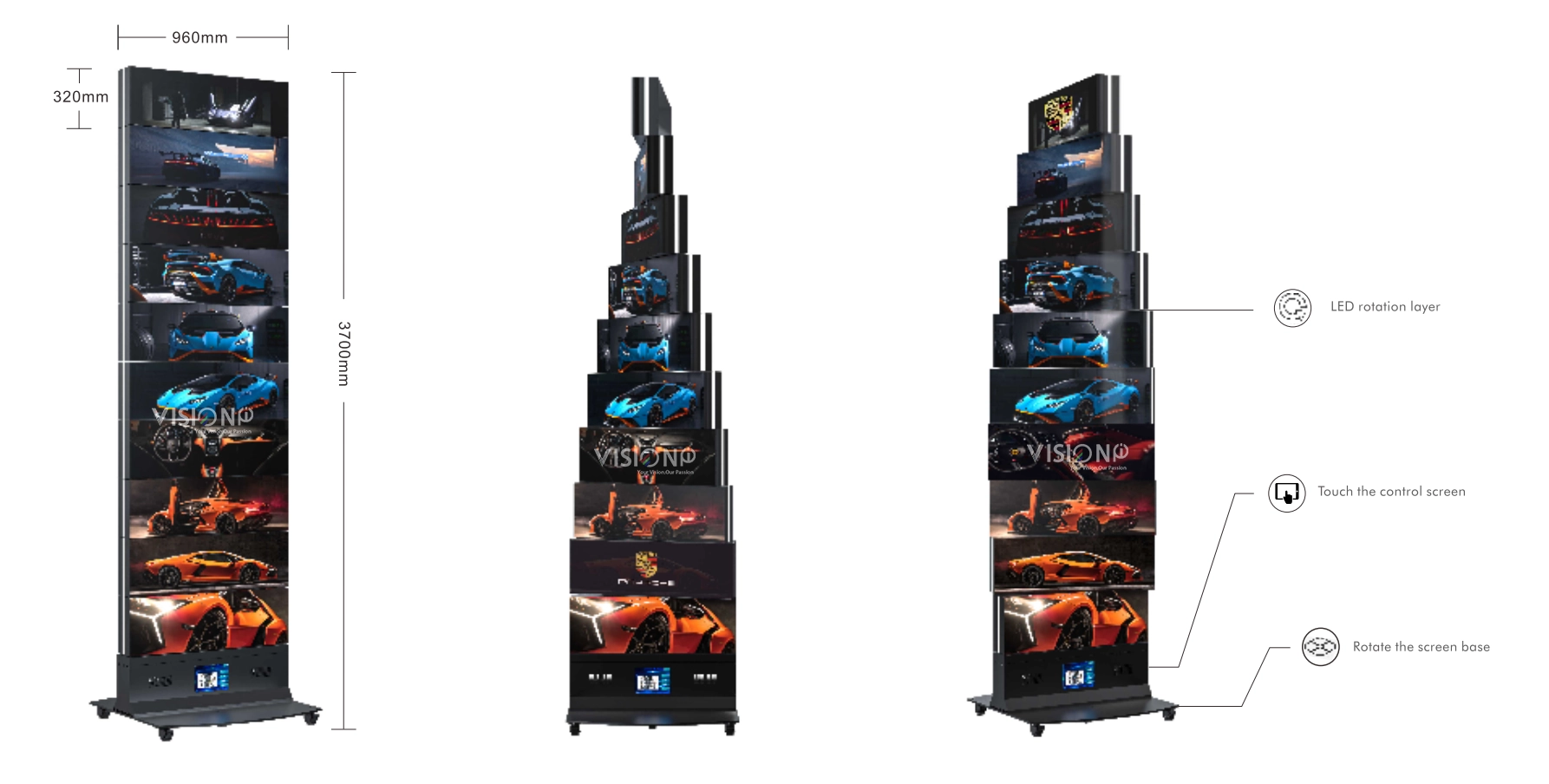 Multi-layer rotating kinetic LED tower whose stacked screen layers spin independently