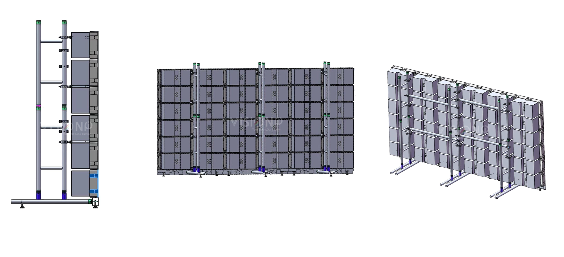Modular truss and stacking structure that supports a kinetic LED wall