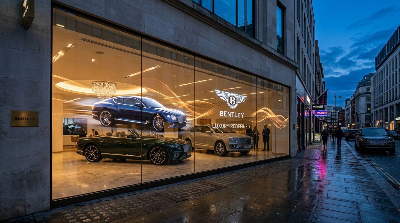 Transparent OLED on a Bentley showroom glass storefront