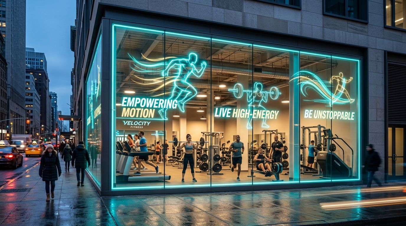 Holographic transparent LED facade on a premium gym with members visible inside