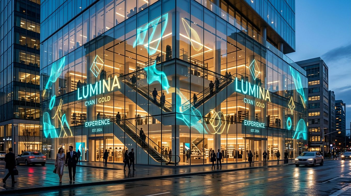 Holographic transparent LED on a multi-storey building glass facade