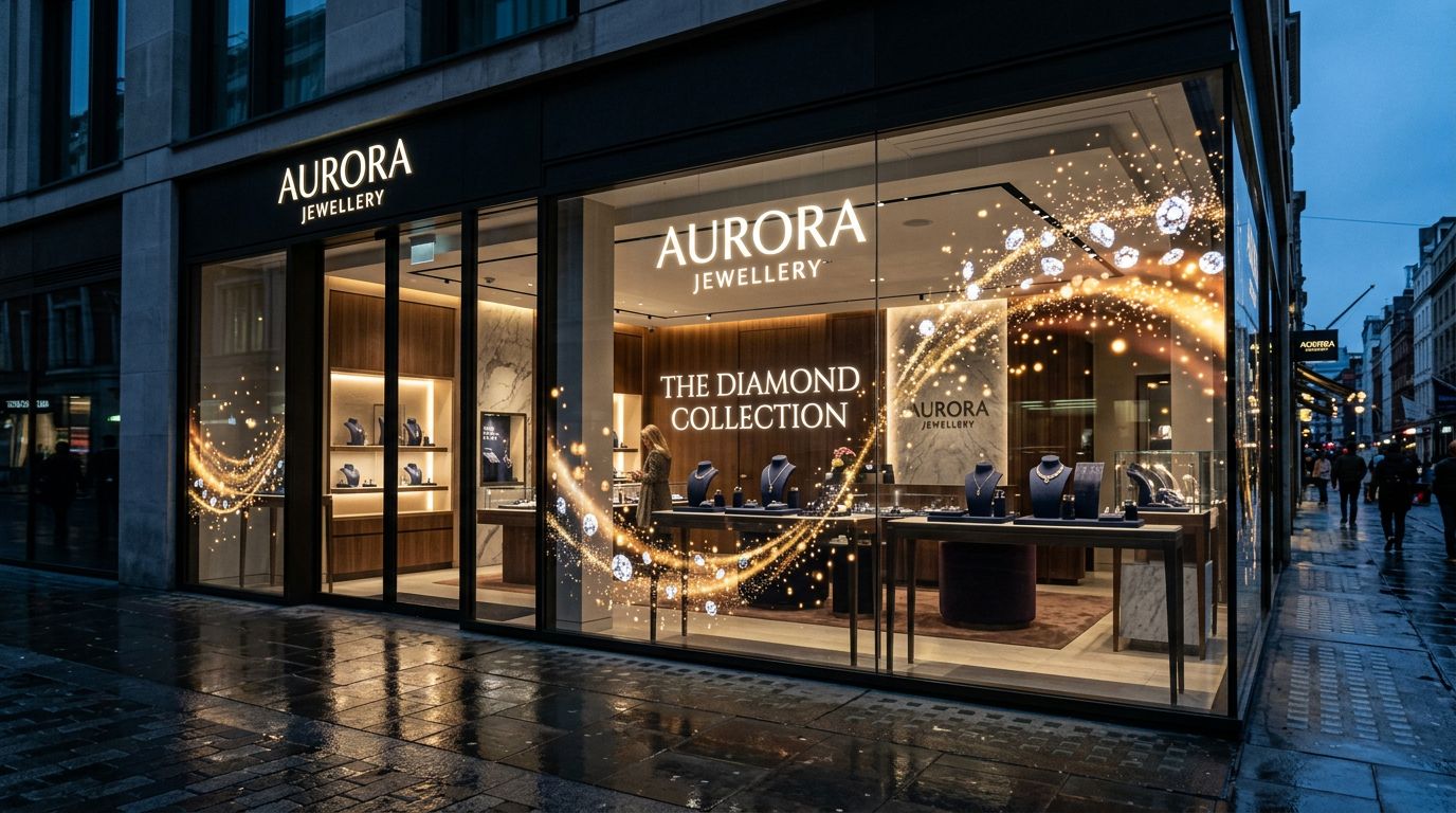 Transparent OLED on a luxury jewellery boutique display window