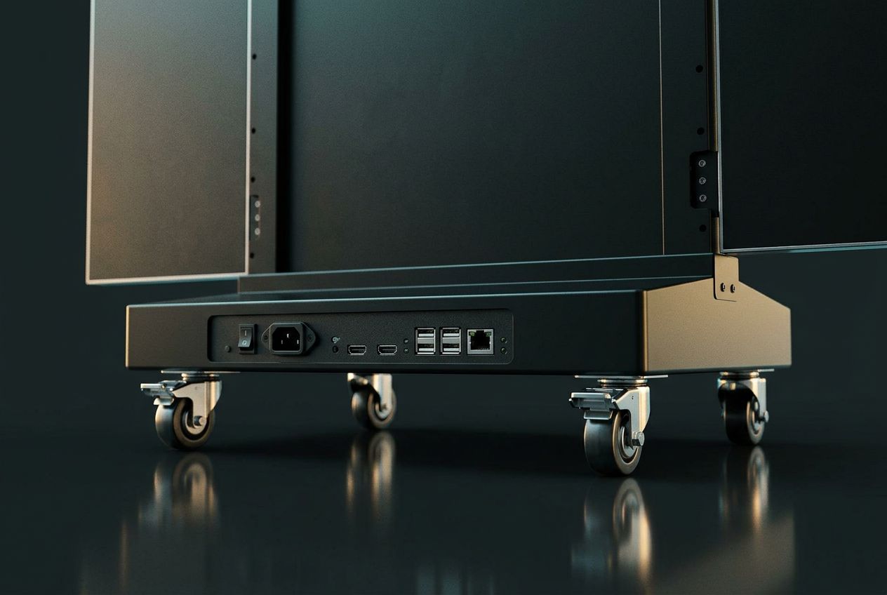 Base connector ports — USB, LAN, HDMI and power on the wheeled base