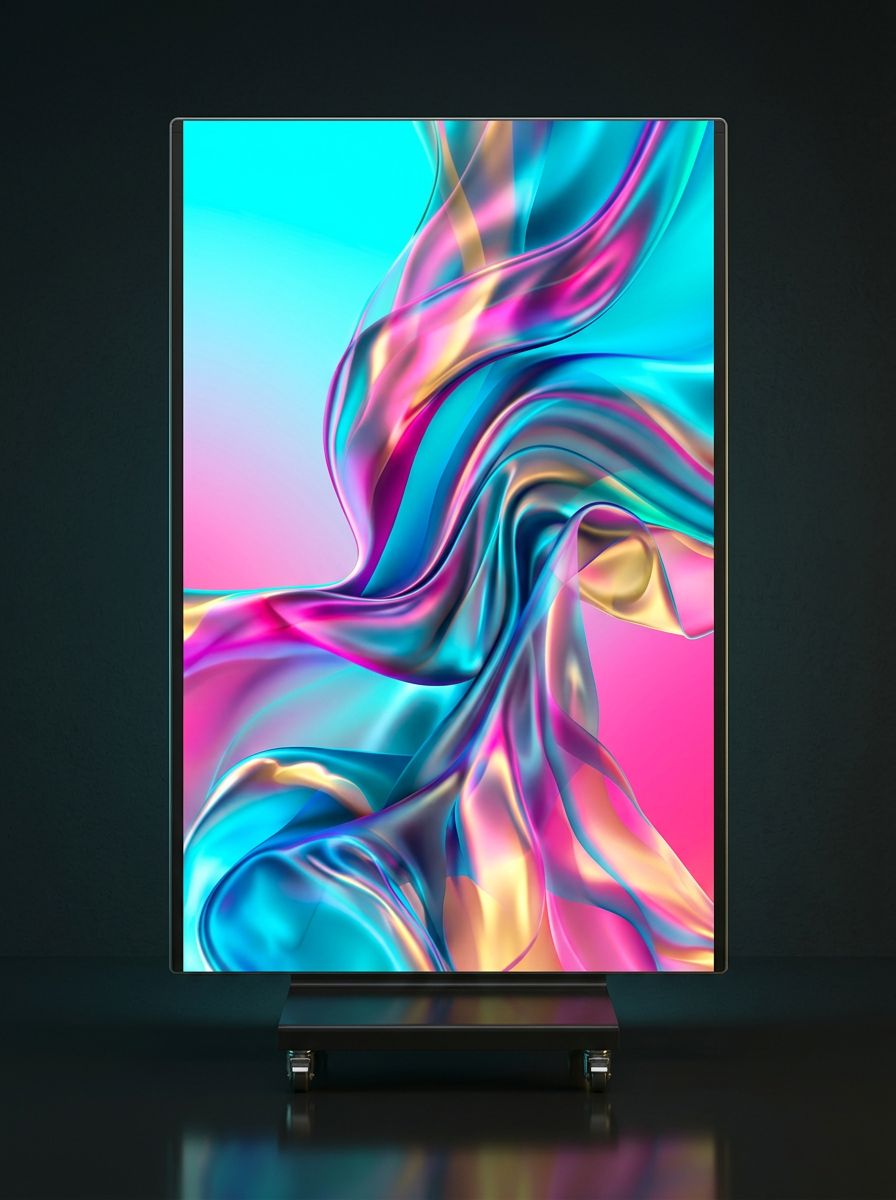 Tri-fold LED poster front view on a wheeled base showing live P1.8 content