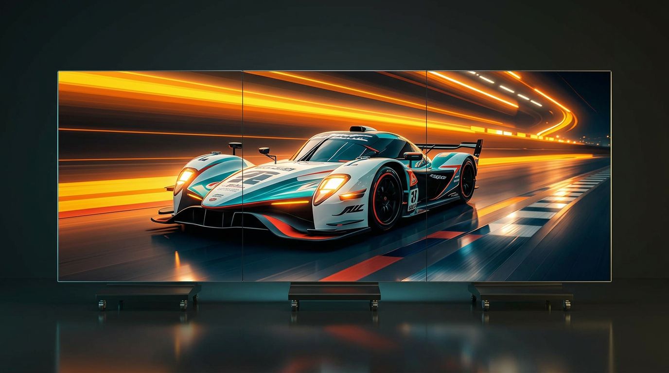 Multiple tri-fold LED posters linked side by side into one seamless wall