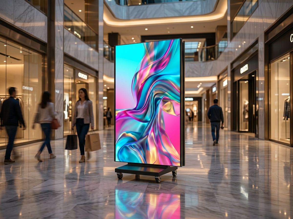 Tri-fold LED poster placed in an upscale shopping mall storefront