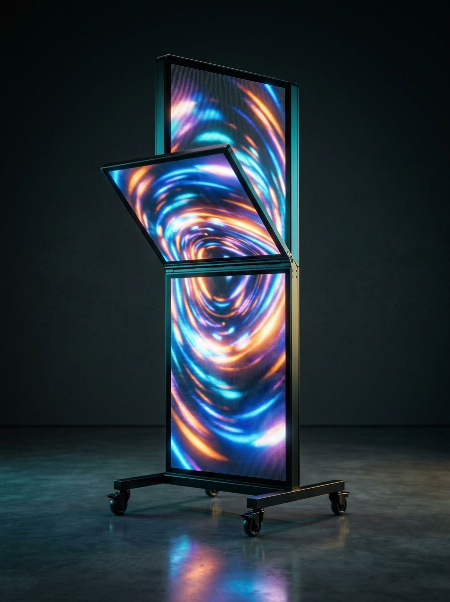 Portrait LED poster that folds top-to-bottom on a horizontal hinge, upper panel folding down